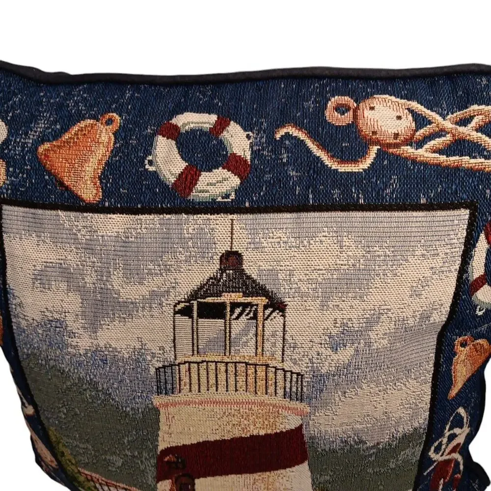 Lighthouse & Nautical Coastal Scene Mohawk Home Vtg Pillow Blue Burgundy 15